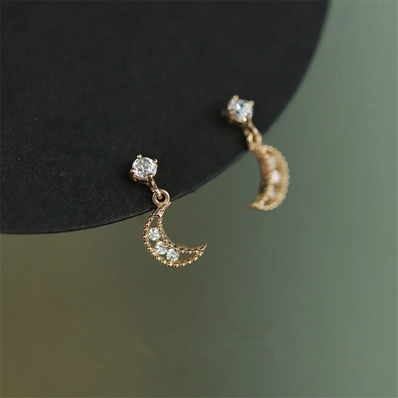 925 Sterling Silver 14K Gold Plating Crystal Stud Earrings Women Fashion Hollow Moon Earrings Light Luxury Wedding Jewelry