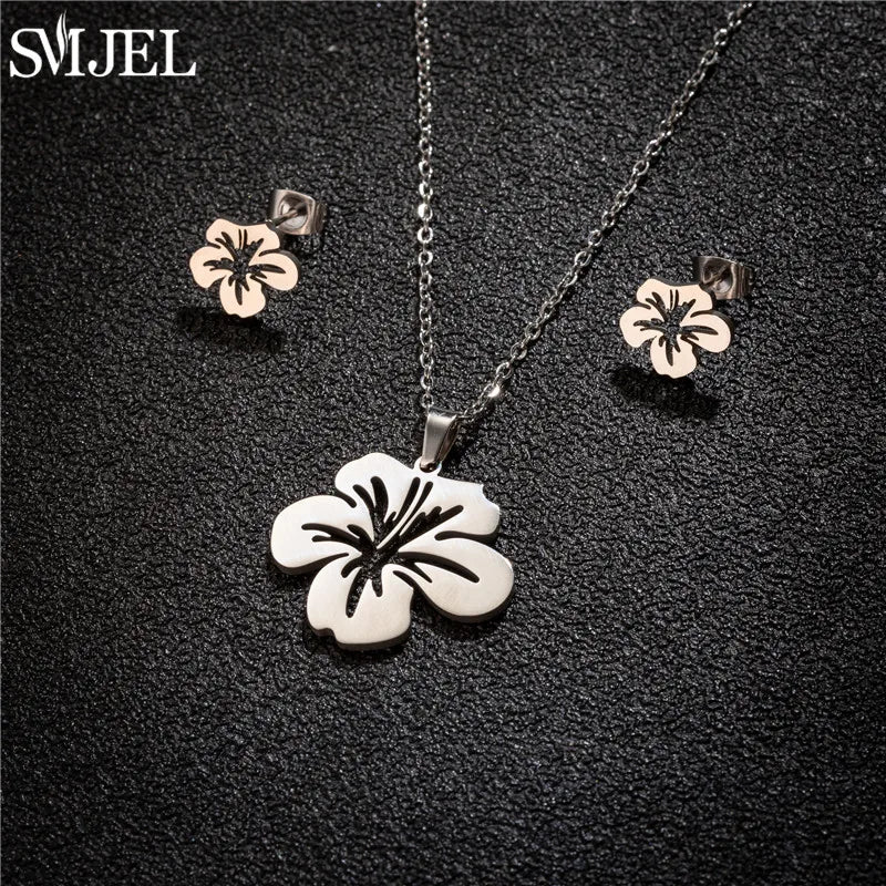 Stainless Steel Lily Flower Necklace Women Girls Golden Jewelry Sets Trendy Datura Cherry Blossom Earrings Wedding Gift