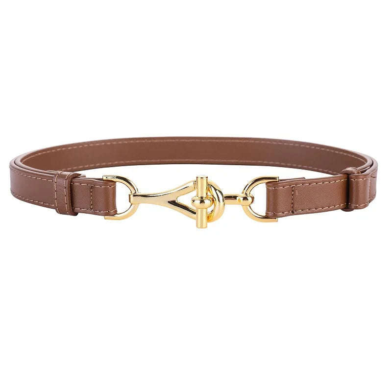 Genuine Leather Thin Women Belts Geometric Lock Buckle Elegant Waistband Classic Dress Coat Girdle For Women