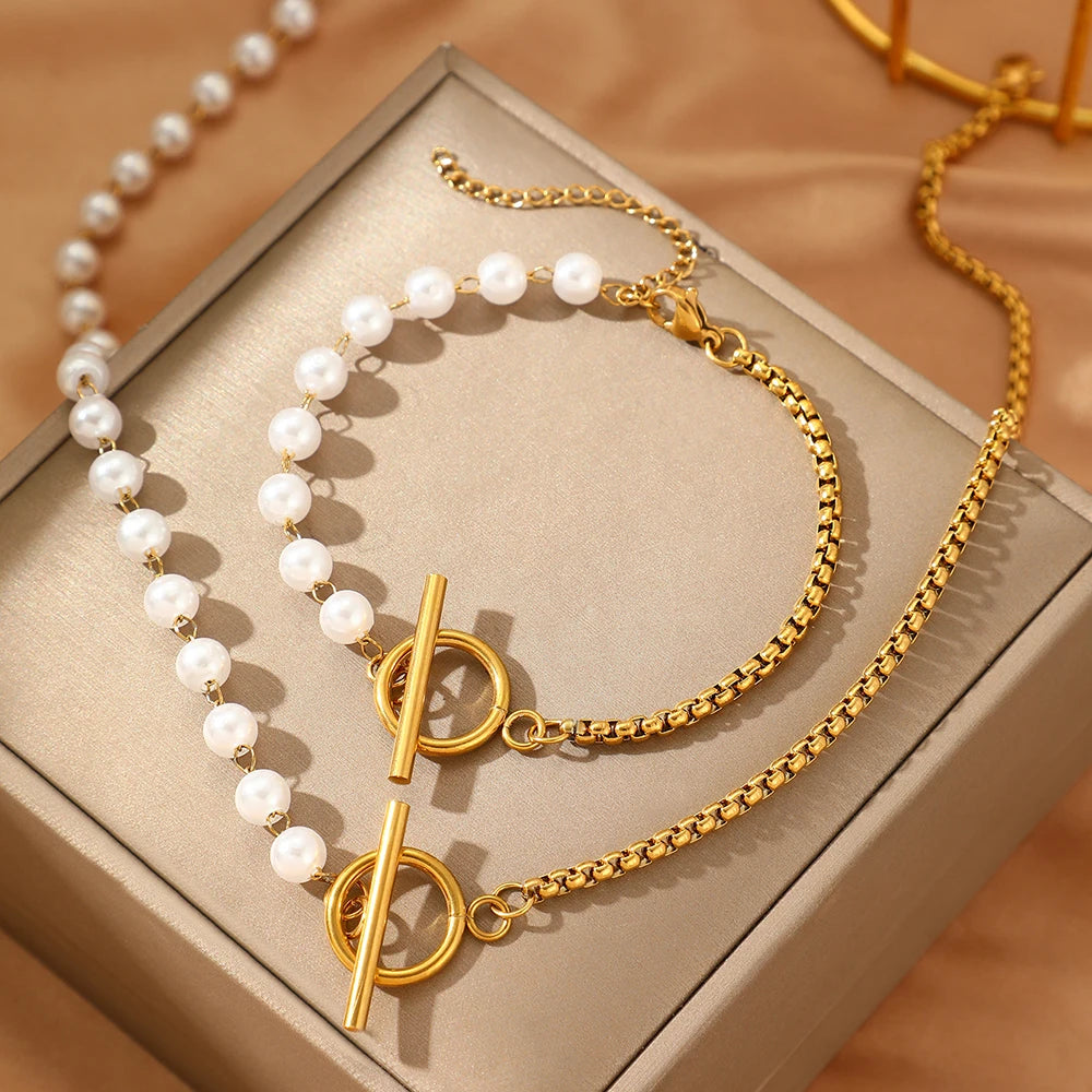 Stainless Steel Jewelry Set Fashion Elegant Design Splicing Pearl Chain Light Luxury OT Pendant Jewelry Set For Women Jewelry