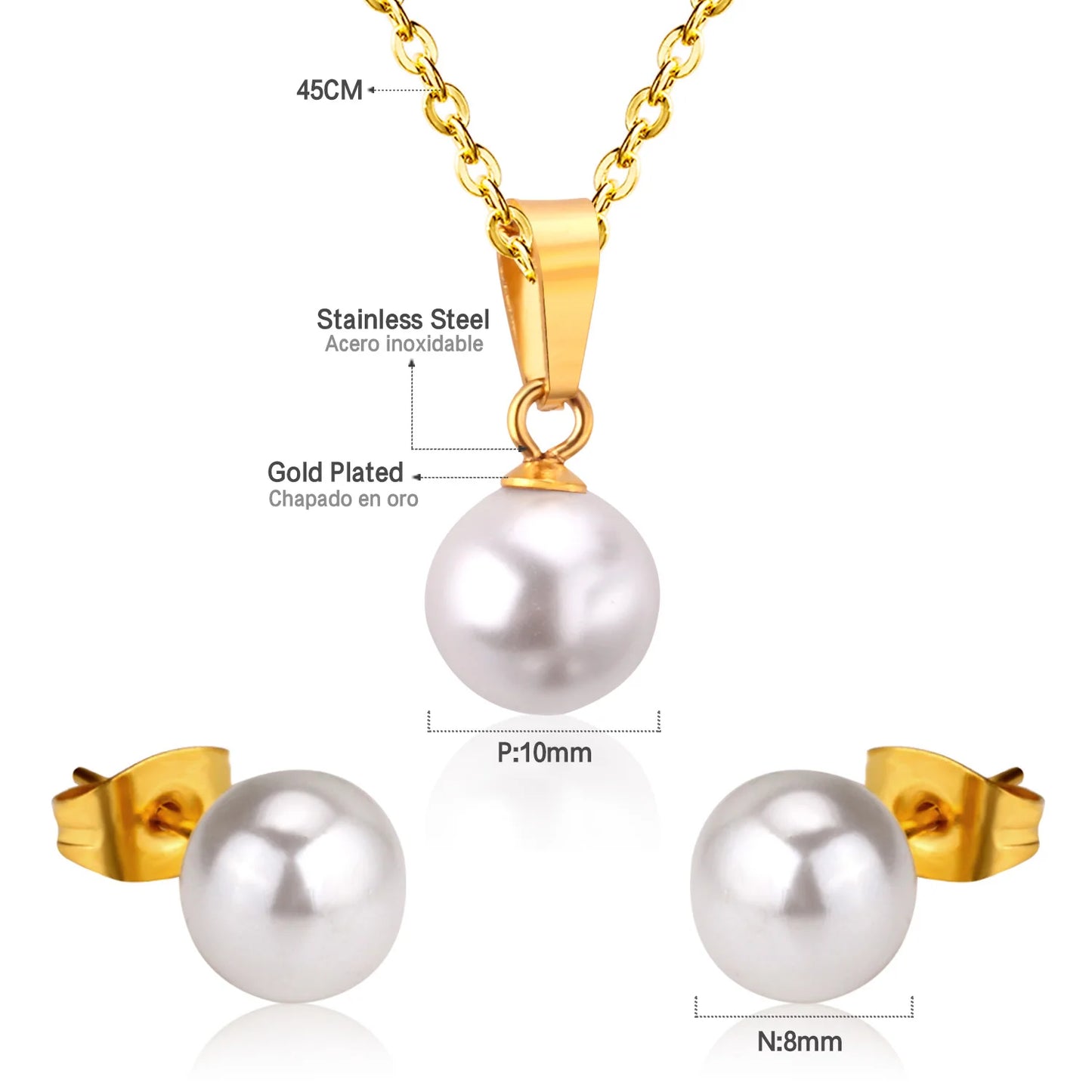 Stainless Steel Set Jewelry Woman Imitation Round Pearl Jewellry Sets Wedding Party Dangle Drop Earrings Necklace