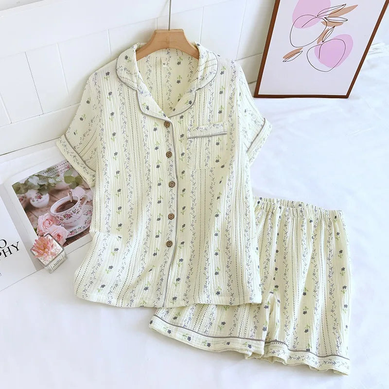 Summer Japanese Style Sweet Crepe Cotton Kimono Pajamas Lapel Cartoon Cute Printing Loose Loungewear Women 2 Piece Sleepwear