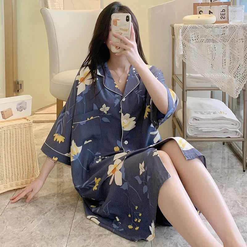New Summer Nightgowns Women Nightwear Flower Cardigan Sleepwear Ladies Home Clothes Big Size Loungewear Women Pajamas Nighties