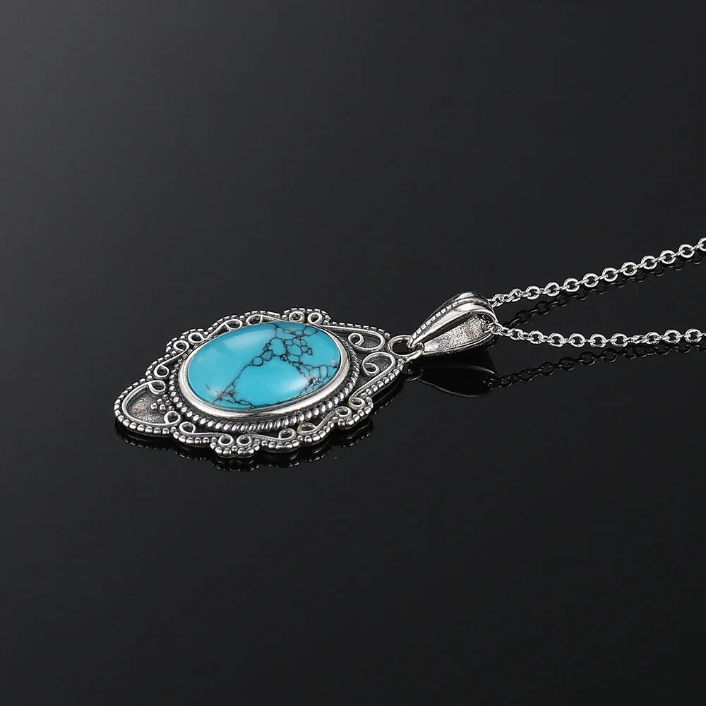 925 Silver Necklace Natural Turquoise Pendants Necklace Fine Jewelry for Women Vintage Party Gifts with Chain