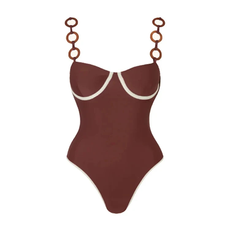 2025 Summer Swimsuit Women Sexy Ring Decoration Brown One Piece Swimwear Vacation Beachwear Luxury Bathing Suit Bikini Sets