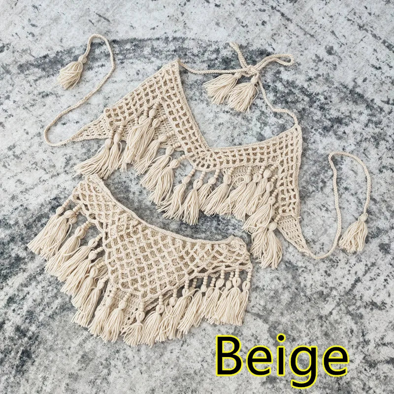 Handmade Crochet Bikini Set Tassel Women Swimwear Sexy Swimsuit Suit Vacation White/Beige