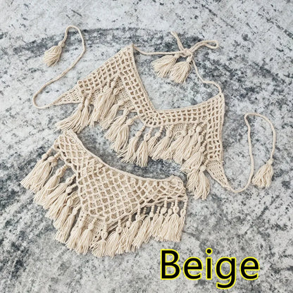 Handmade Crochet Bikini Set Tassel Women Swimwear Sexy Swimsuit Suit Vacation White/Beige