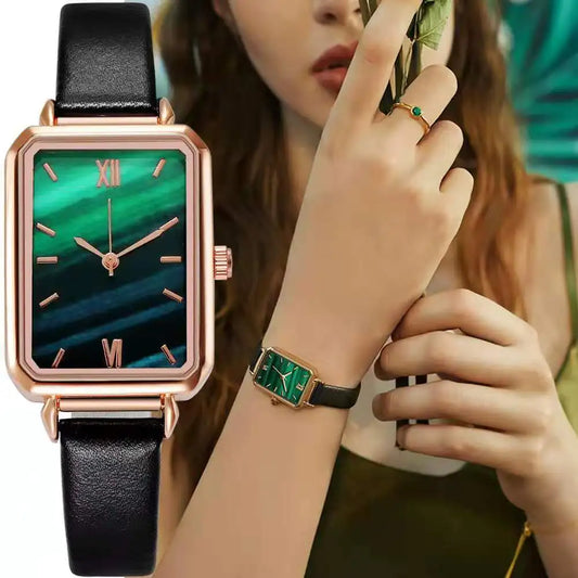 Women Watches Fashion Square Ladies Quartz Watch Bracelet Set Green Dial Simple Rose Gold Mesh Luxury Women Watches