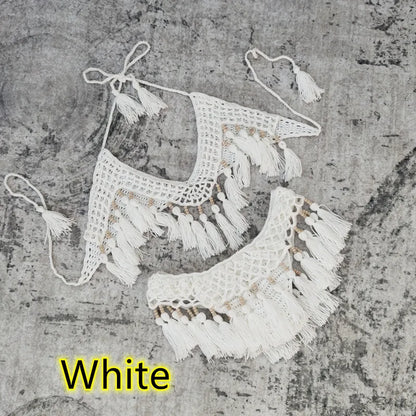 Handmade Crochet Bikini Set Tassel Women Swimwear Sexy Swimsuit Suit Vacation White/Beige