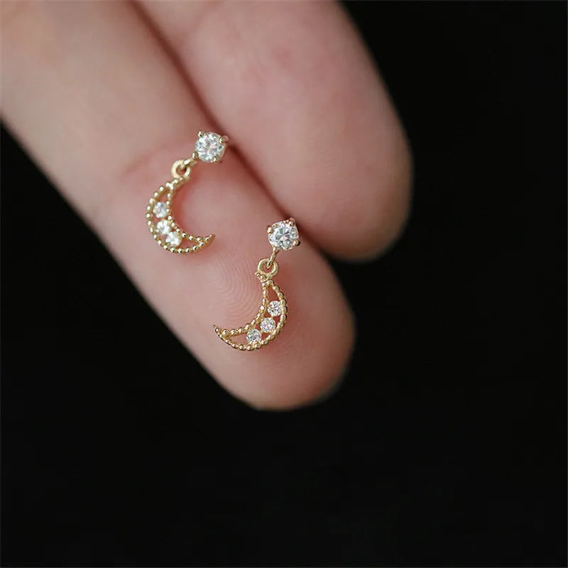 925 Sterling Silver 14K Gold Plating Crystal Stud Earrings Women Fashion Hollow Moon Earrings Light Luxury Wedding Jewelry