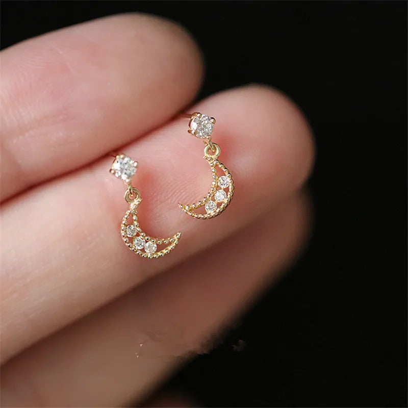 925 Sterling Silver 14K Gold Plating Crystal Stud Earrings Women Fashion Hollow Moon Earrings Light Luxury Wedding Jewelry