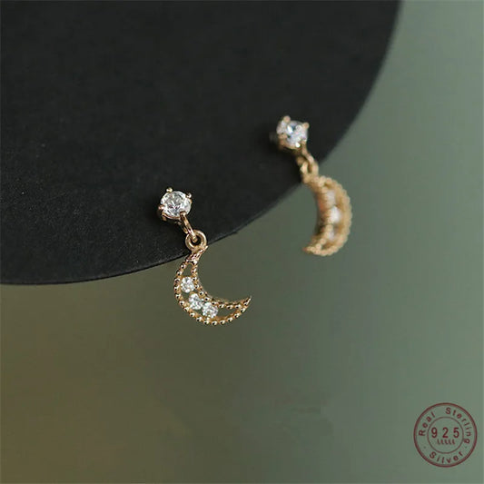 925 Sterling Silver 14K Gold Plating Crystal Stud Earrings Women Fashion Hollow Moon Earrings Light Luxury Wedding Jewelry