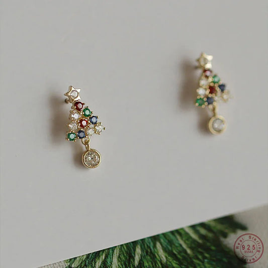 925 Sterling Silver Simple Christmas Tree Stud Earrings Women Pavé Color Crystals Christmas Fashion Jewelry Accessories