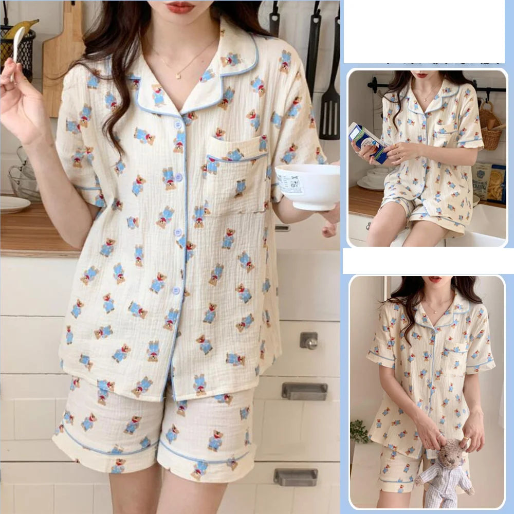 Rabbit Printing Ladies Pajamas Set Summer Kawaii Loungewear Women Green Homewear Cute Cartoon Korean Fashion Version Outfits