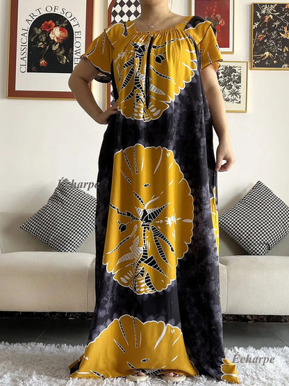 African Dashiki Dress Kaftan Abaya Cotton Boat-neck Floral Dress Printed Short Sleeve Loose Women Casual Dress with Scarf
