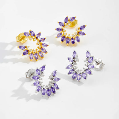 925 Sterling Silver Purple Pear Shape Zircon Flower Women Stud Earrings Vintage Luxury Jewelry Gift for Evening Party