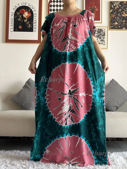 African Dashiki Dress Kaftan Abaya Cotton Boat-neck Floral Dress Printed Short Sleeve Loose Women Casual Dress with Scarf