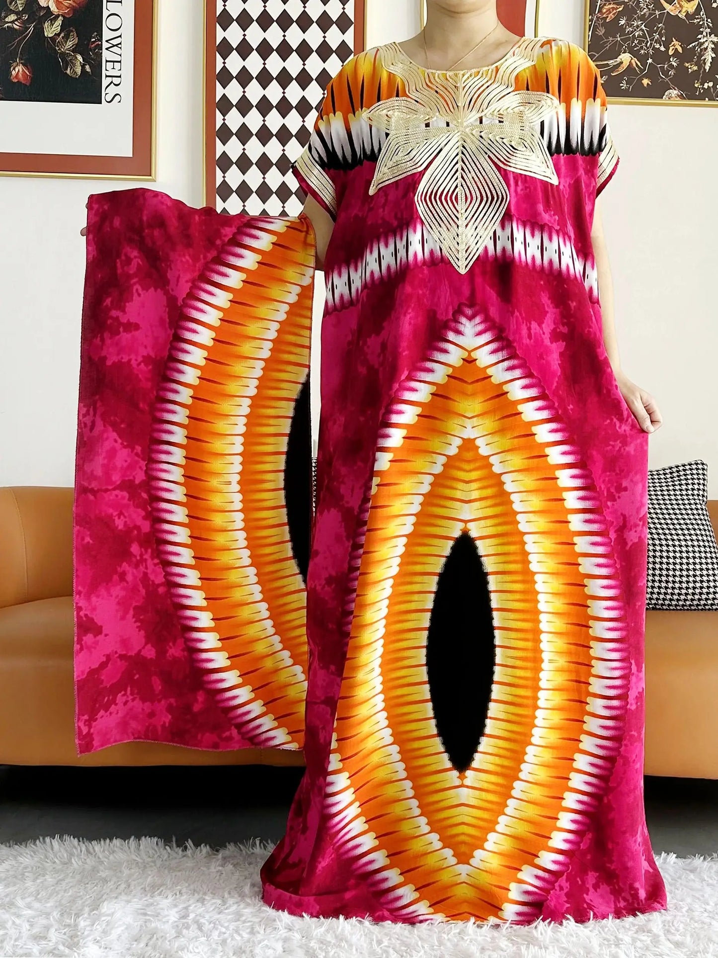 African Dashiki Dress Kaftan Abaya Cotton Boat-neck Floral Dress Printed Short Sleeve Loose Women Casual Dress with Scarf