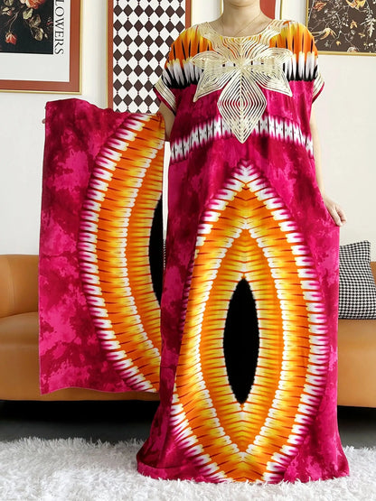 African Dashiki Dress Kaftan Abaya Cotton Boat-neck Floral Dress Printed Short Sleeve Loose Women Casual Dress with Scarf