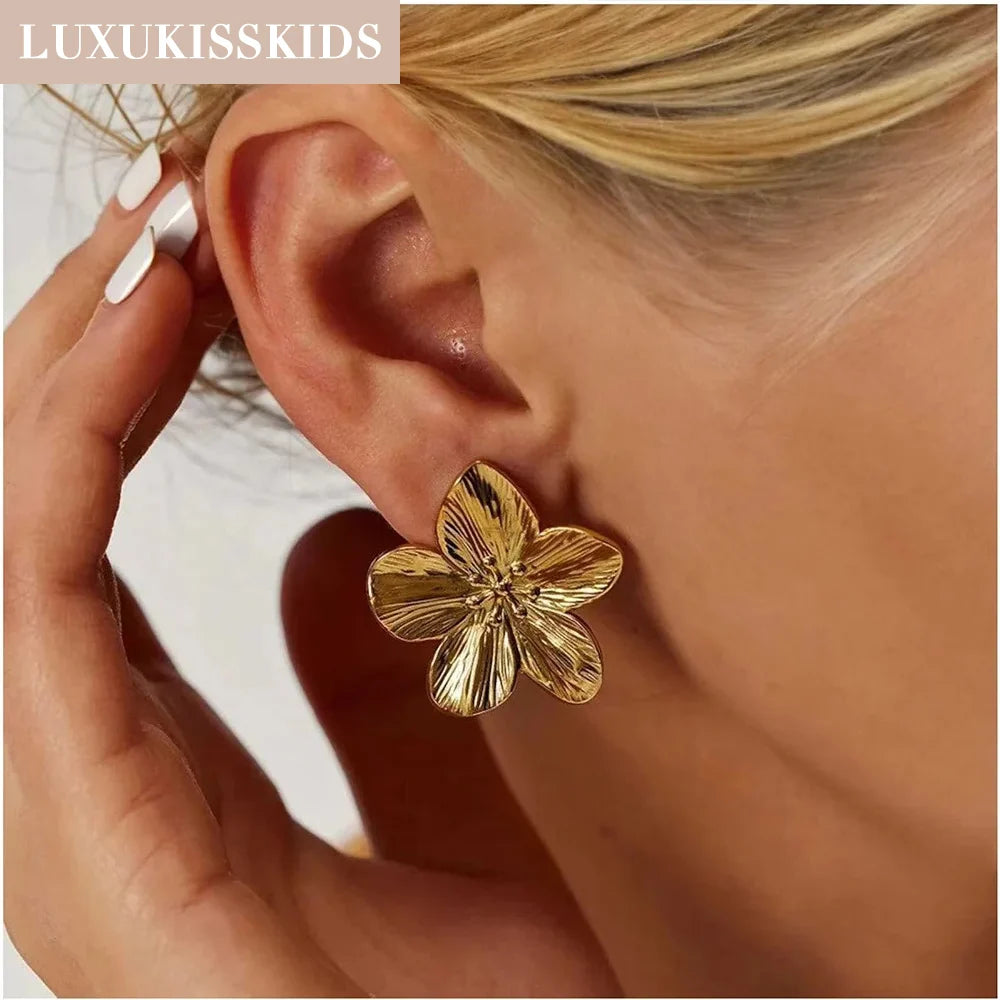2PC Women's Fashion Trendy Stainless Steel Flower Earrings Necklace Set Gold-Plated Jewellry Party Dressing Gifts