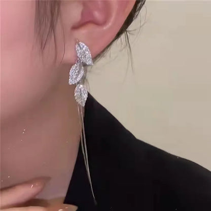 925 Silver Needle Crystal Leaf Long Tassel Earrings For Women 2025 Trending New Fairy Women's Drop Earrings Two Wearing Methods
