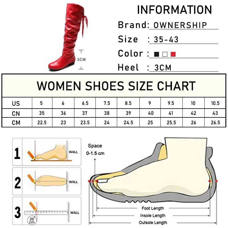 Shoes For Women Spring Knee High Boots Red Black White Tall Boots Woman Pleated Low Heel Casual Leather Female Long Shoes