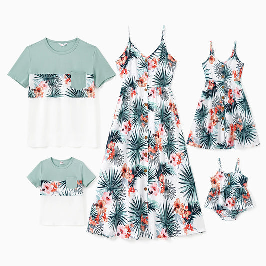 Family Matching Sets Floral Panel Tee or Shirred Back Button Up Strap Dress With Pockets