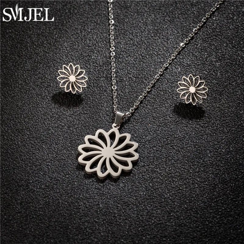 Stainless Steel Lily Flower Necklace Women Girls Golden Jewelry Sets Trendy Datura Cherry Blossom Earrings Wedding Gift