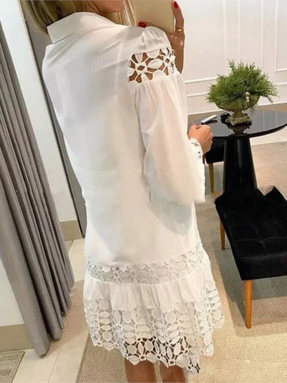 New Autumn Women Casual Dress Fashion Sexy Lace Hollow Solid Shirt Mini Dresses Long Sleeve Holiday Party Robe Femme