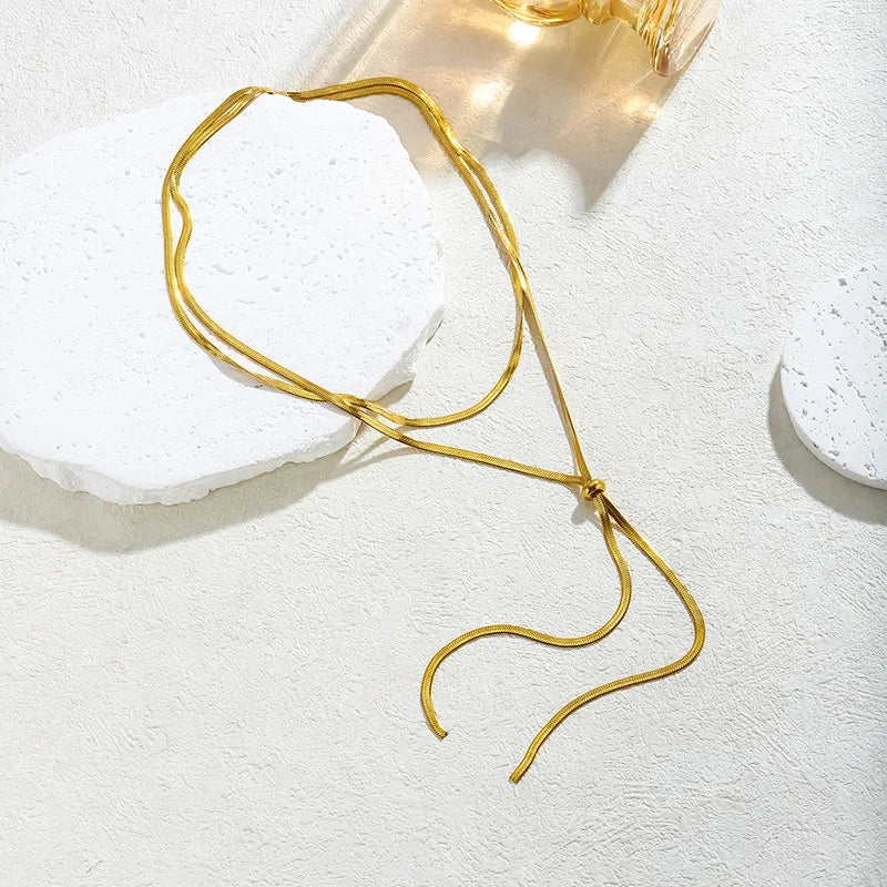 316L Stainless Steel New Fashion Fine Jewelry 134cm Pull Adjusting Charm Flat Snake Chain Choker Necklaces Pendants For Women