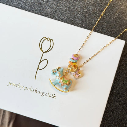 Luxury Sterling Silver 925 Necklace Real Gold Chains Elegant Women Macaron Carousel Horse Pendant Choker Dainty Christmas Gift