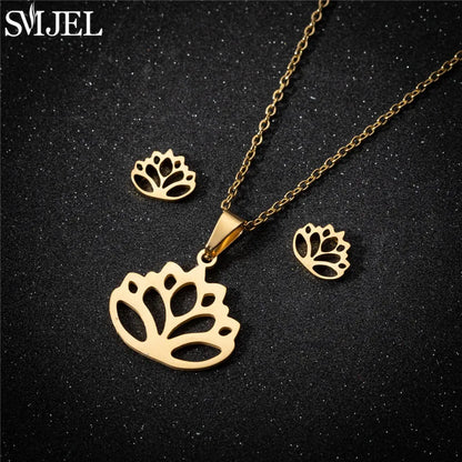 Stainless Steel Lily Flower Necklace Women Girls Golden Jewelry Sets Trendy Datura Cherry Blossom Earrings Wedding Gift