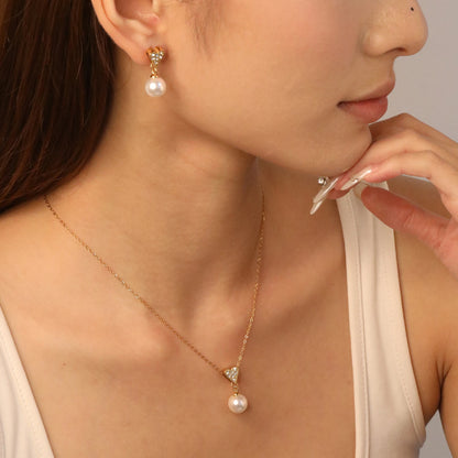 Stainless Steel Set Jewelry Woman Imitation Round Pearl Jewellry Sets Wedding Party Dangle Drop Earrings Necklace