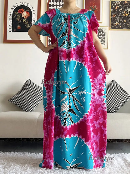 African Dashiki Dress Kaftan Abaya Cotton Boat-neck Floral Dress Printed Short Sleeve Loose Women Casual Dress with Scarf