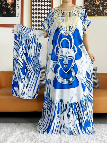 New Style African Summer Short Sleeve Dashiki Dresses Flora Loose Boubou Maxi Islam Women Casual Dress African Abaya Clothes