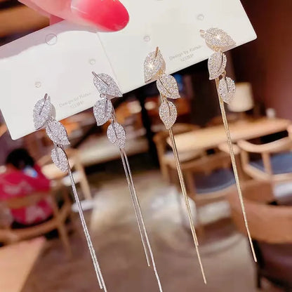 925 Silver Needle Crystal Leaf Long Tassel Earrings For Women 2025 Trending New Fairy Women's Drop Earrings Two Wearing Methods