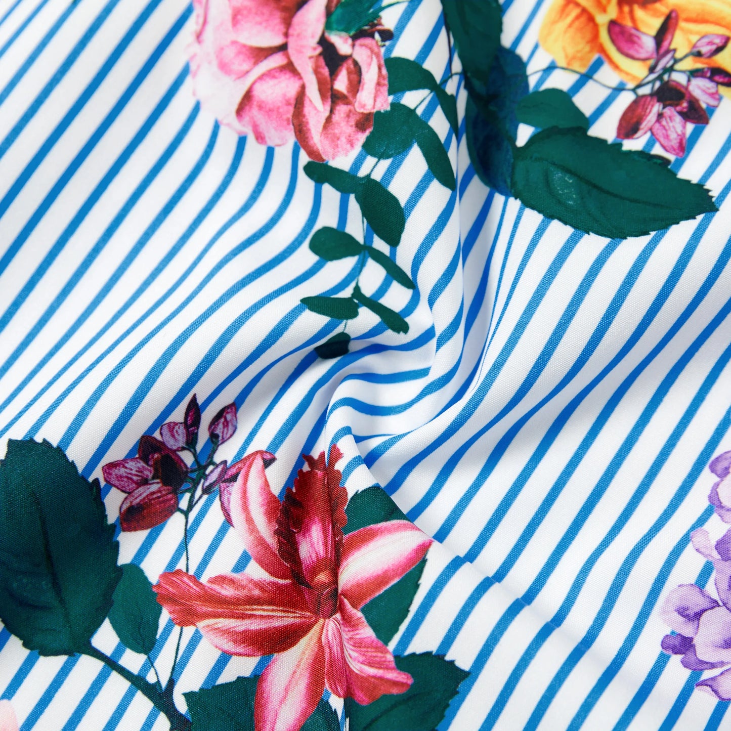 Family Matching Sets Denim Blue Short-Sleeve Shirt and Floral Print Shirred Top Strap Dress