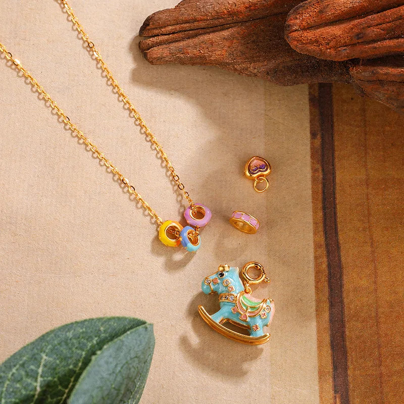 Luxury Sterling Silver 925 Necklace Real Gold Chains Elegant Women Macaron Carousel Horse Pendant Choker Dainty Christmas Gift