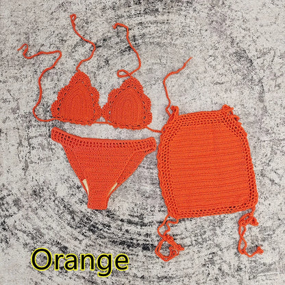 3 Piece Hand Crochet Beach Bikini Set Women Swimwear Cover UP Mini Skirt Swimsuit Suit