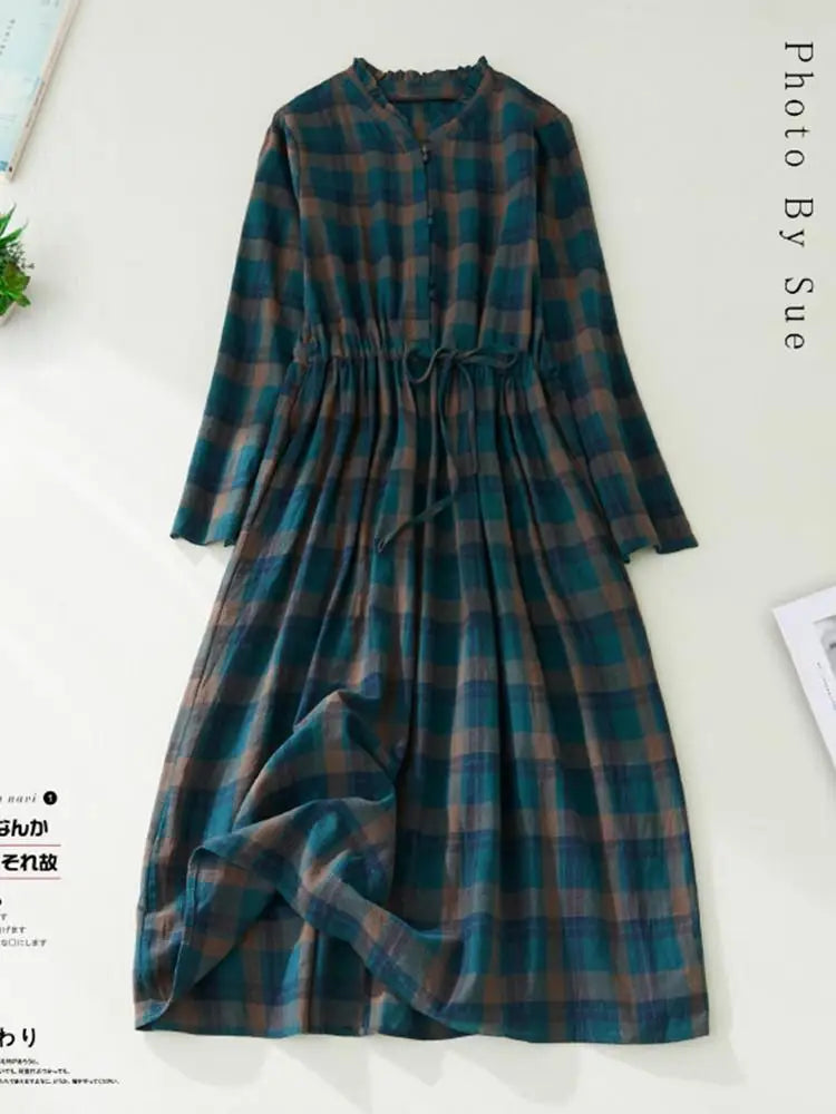 Women Casual Dress New Arrival 2022 Autumn Vintage Style Plaid Pattern Loose Comfortable Cotton Female A-line Long Dresses B2169