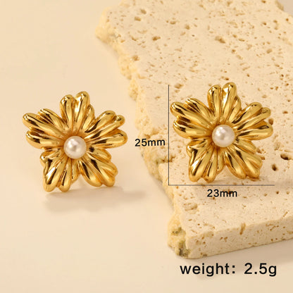 2PC Women's Fashion Trendy Stainless Steel Flower Earrings Necklace Set Gold-Plated Jewellry Party Dressing Gifts