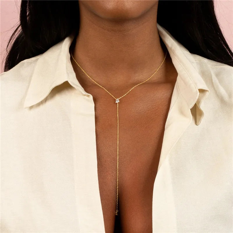 925 Sterling Silver Elegant Y Shape Necklace For Women Temperament Long Chain Tassel Water Drop CZ Zircon Pendant Necklace