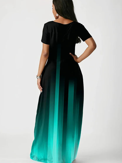 Women Casual Dress Side Pocket Short Sleeve Mint Green Gradient Maxi Dress