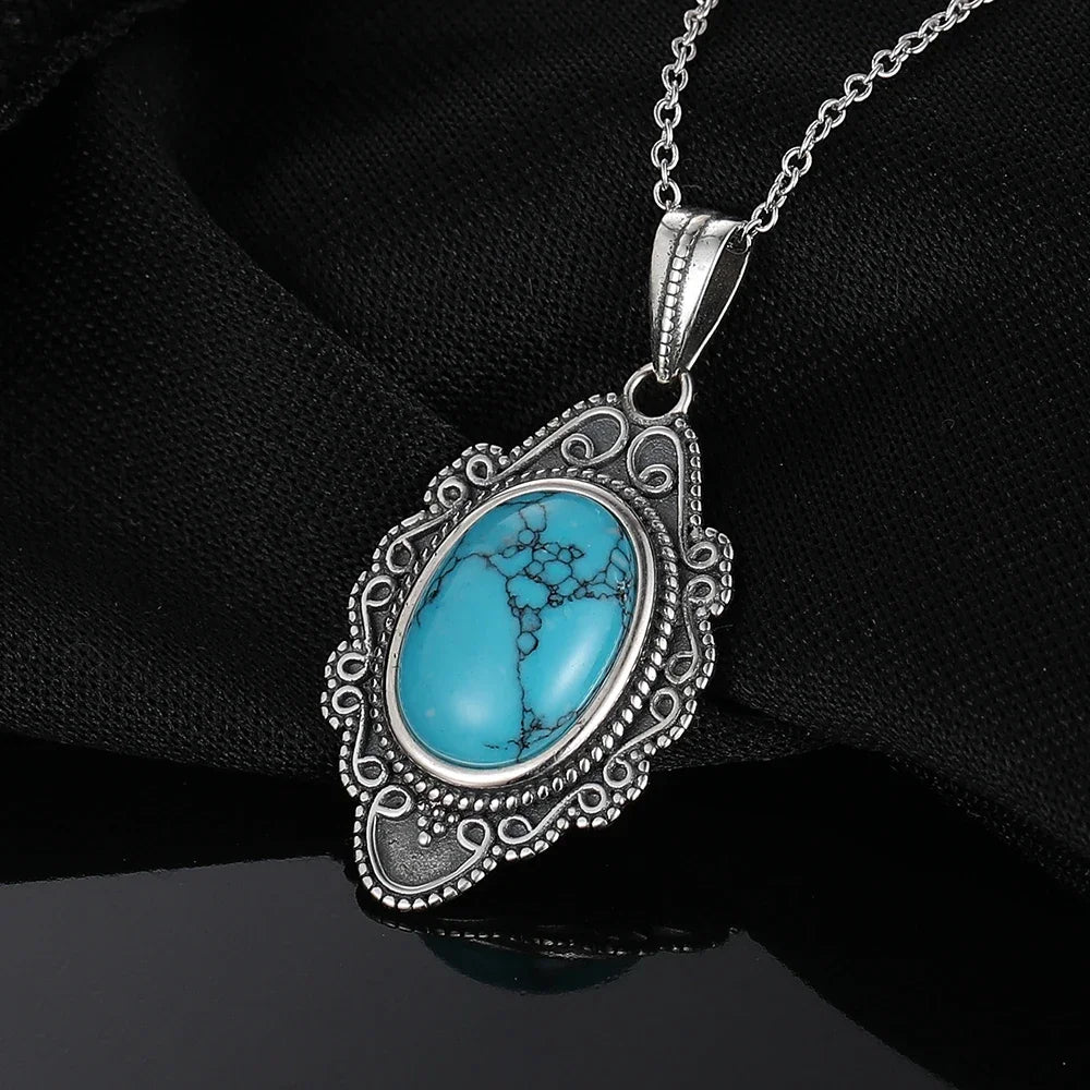 925 Silver Necklace Natural Turquoise Pendants Necklace Fine Jewelry for Women Vintage Party Gifts with Chain