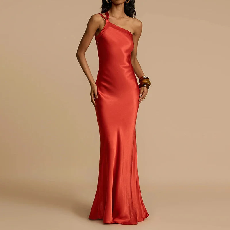 Chic Diagonal Collar Women Casual Dress Elegant Ladies Sleeveless Party Dress Female Sexy Hollow Out Solid Dresses 2024 Vestido