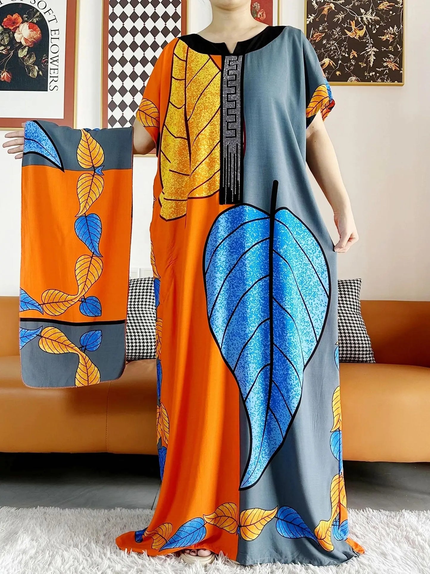 African Dashiki Dress Kaftan Abaya Cotton Boat-neck Floral Dress Printed Short Sleeve Loose Women Casual Dress with Scarf