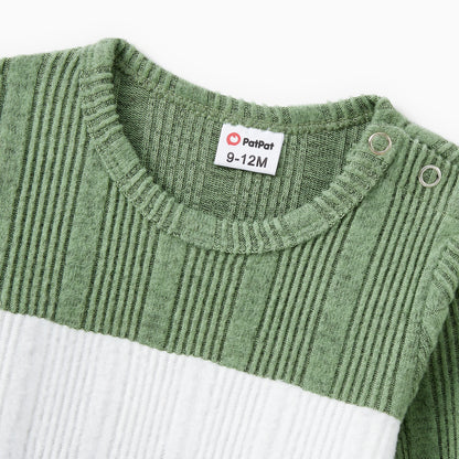 Family Matching Sets Green Color Block Long Sleeves Ribbed Tops/Dress/Romper