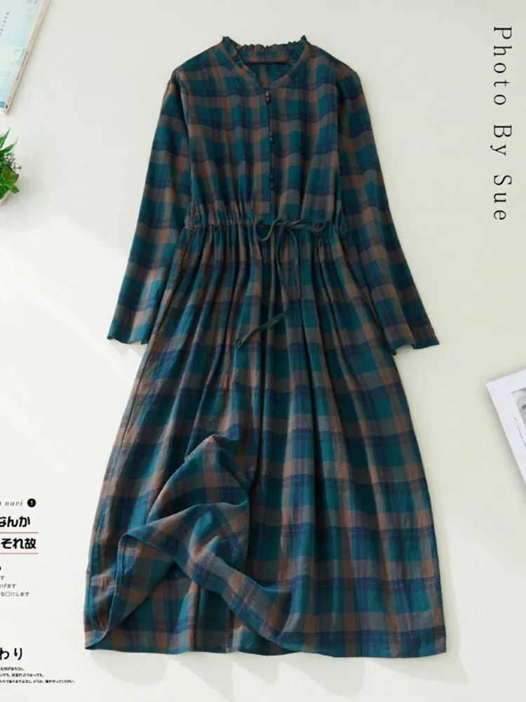 Women Casual Dress New Arrival 2022 Autumn Vintage Style Plaid Pattern Loose Comfortable Cotton Female A-line Long Dresses B2169