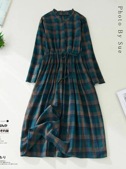 Women Casual Dress New Arrival 2022 Autumn Vintage Style Plaid Pattern Loose Comfortable Cotton Female A-line Long Dresses B2169