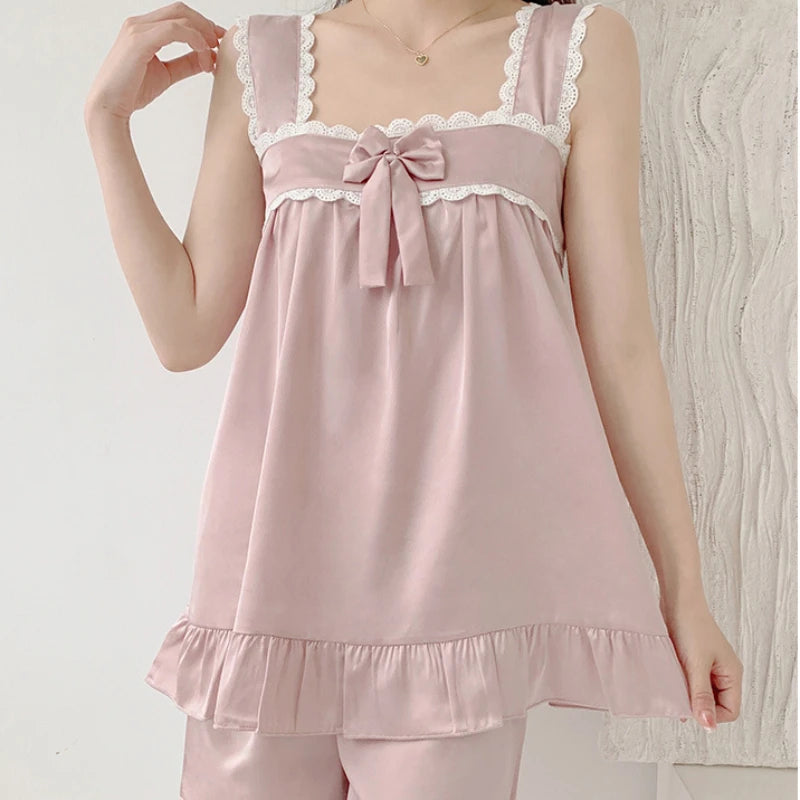 Summer Loose Ice Silk Loungewear Women Sexy Satin Pajamas Solid Color Tops Shorts Two Piece Sets  Princess Sleepwear Nightwear